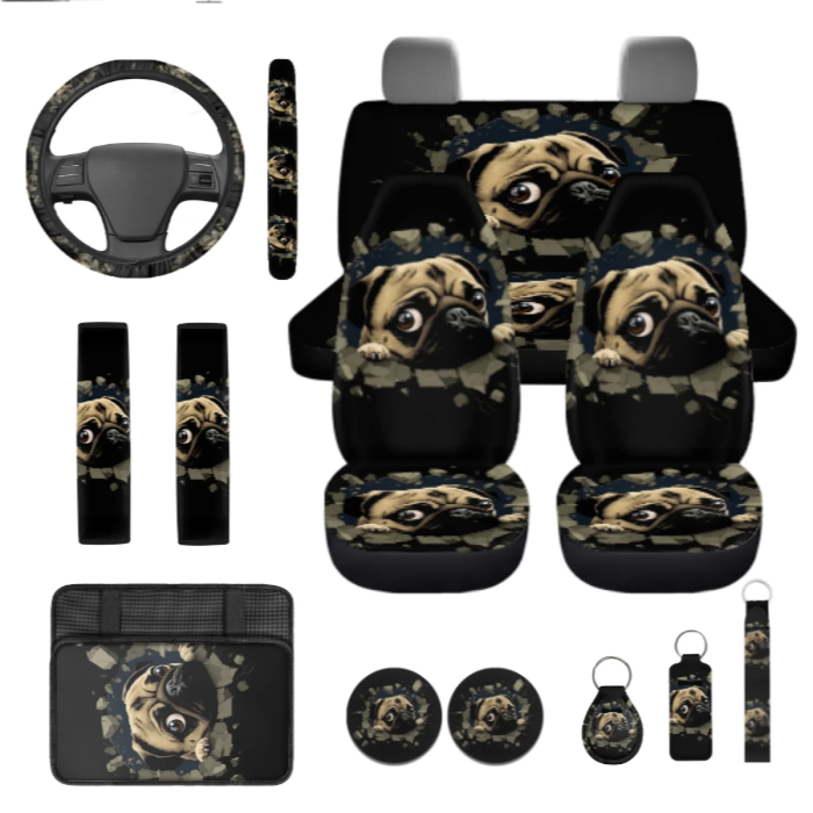 Coloranimal Pug Pattern Set of 13 Car Seat Cover Full Set Anti-Fade Car Front Back Seat Covers Suitable for Auto Auto Interior