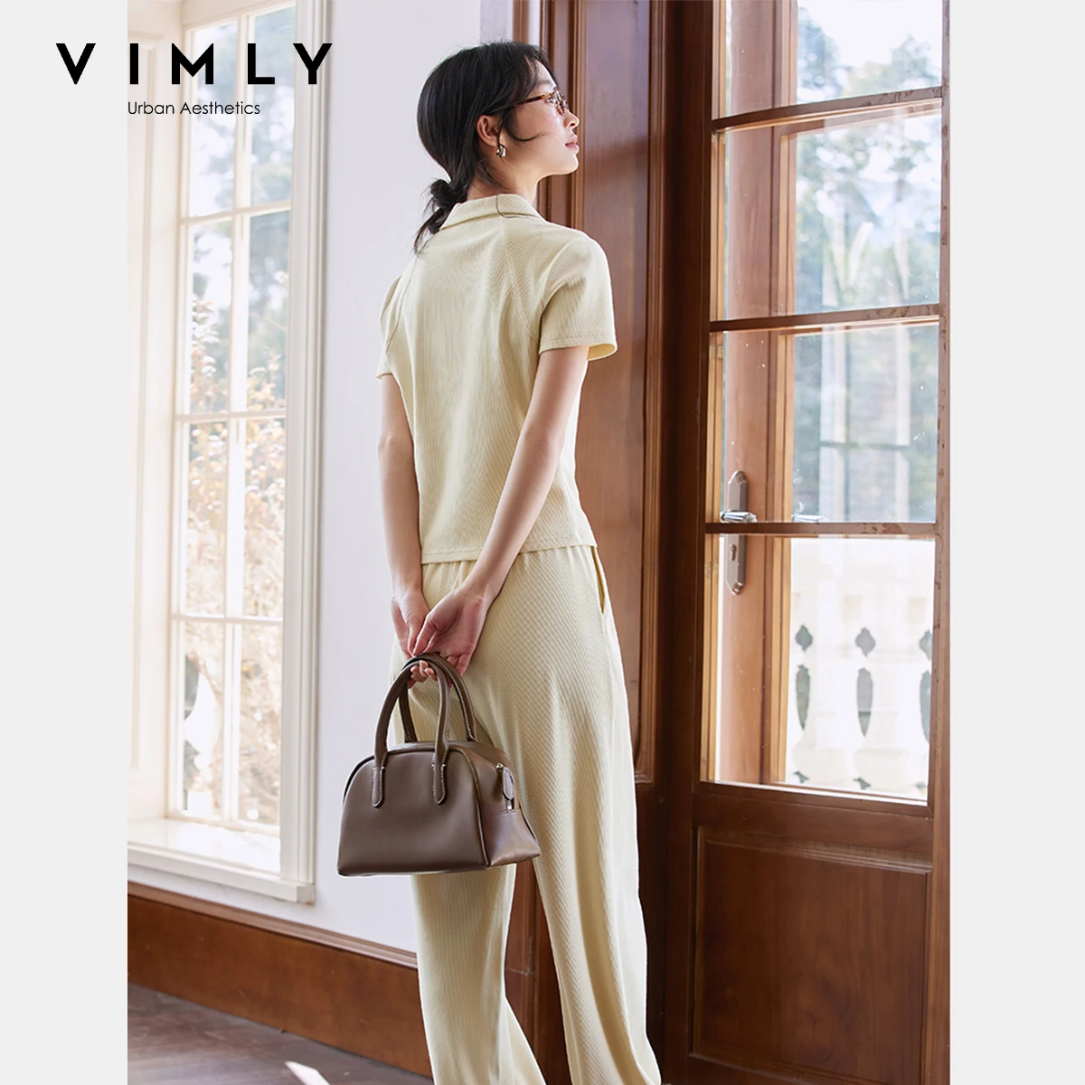 VIMLY 여성용 여름 트레이닝복 스포츠 레저 팬츠 세트 2종 세트 2025 여성 폴로넥 티셔츠 와이드 레그 스웨트 팬츠 M7793