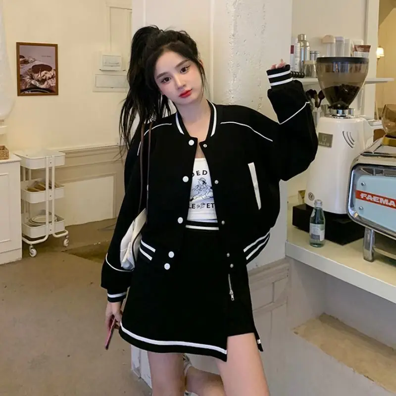 Ensemble de survêtement de baseball vintage pour femme, manteau court chic coréen, demi-jupe taille haute, tenues de printemps et d\'automne,