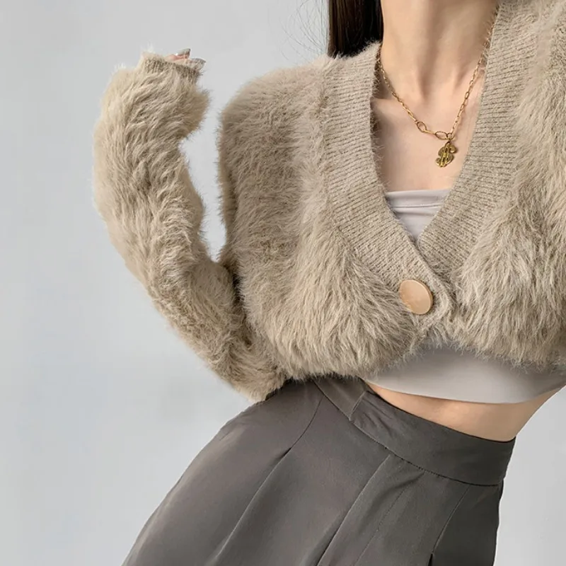 Korean Plush Mink Sweater Women Knit Cardigan Y2k Cropped Tops Fluffy Streetwear Long Sleeve Buttons V-neck Sexy Sweater Mujer