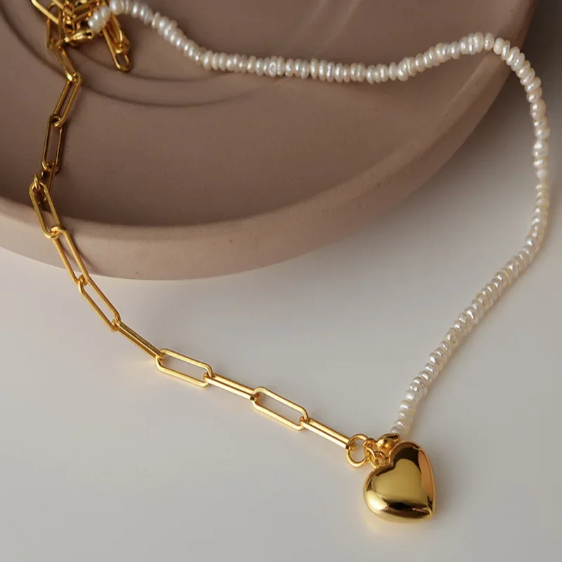 

Youth of Vigor Solid 925 Silver Seed Baroque Pearls Heart Pendant 18K Gold Tone Drawn Elongated Chain Necklace Y1S2N1023