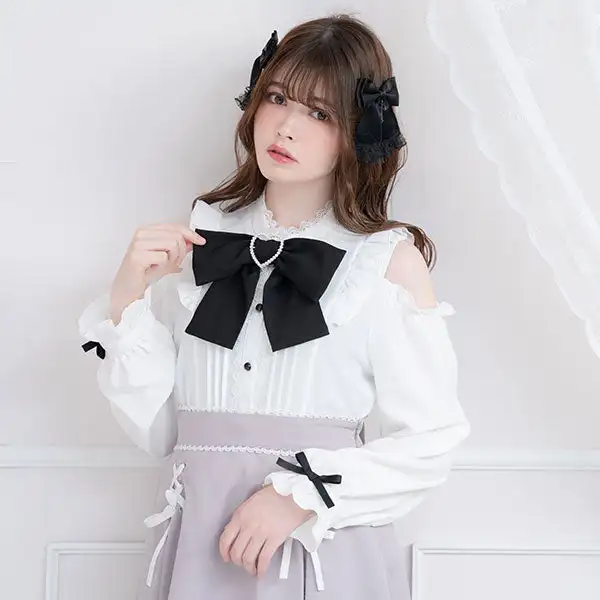 Lolita Style Cute Blouses Shirts 2023 Autumn New Japanese Style Sweet Off-the-Shoulder Big Bow Ruffles Rojita Long Sleeve Shirt