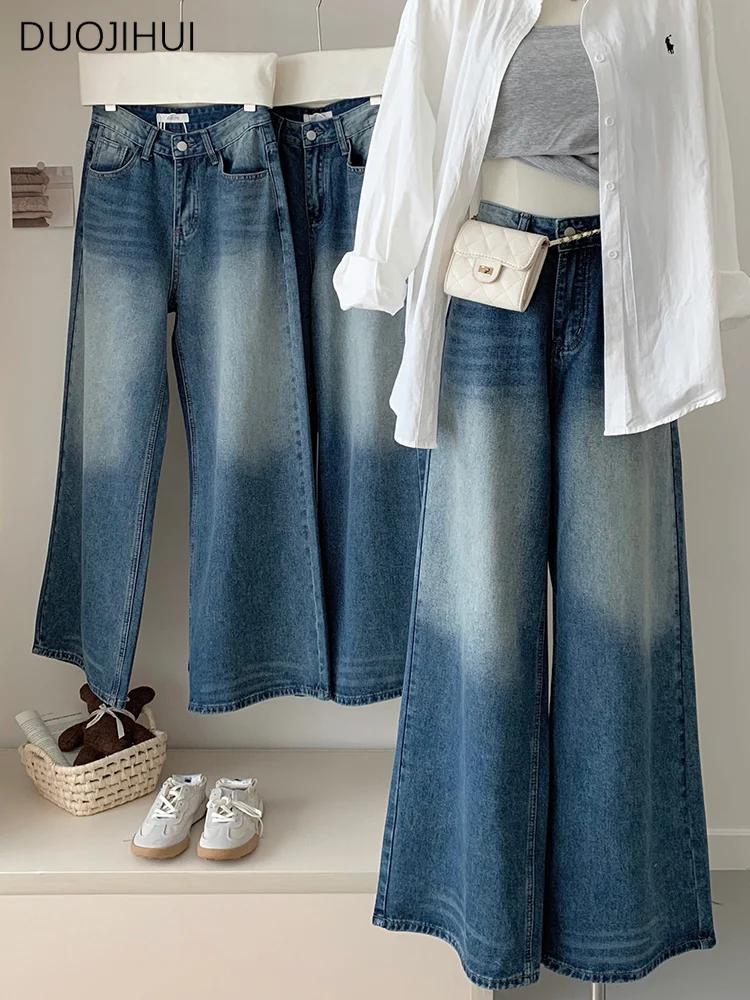 

DUOJIHUI Chic Washed Distressed Loose Casual Women Jeans Summer Vintage Fashion Full Length Simple Straight Female Wide Leg Pant
