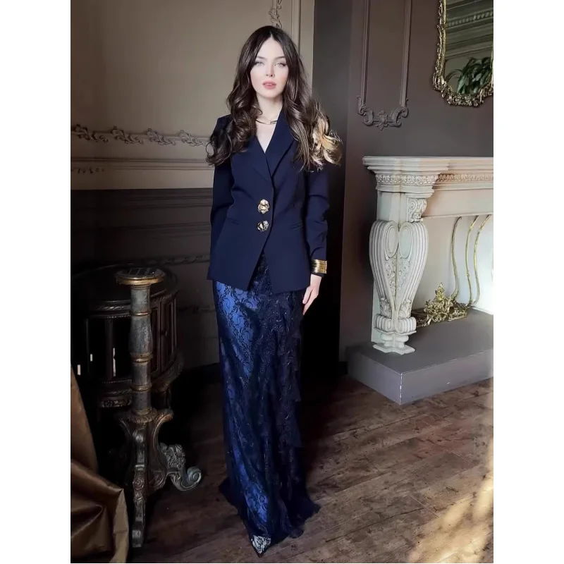 Fotografia 4: Coleção Primavera 2026: Conjunto de Saia e Blazer Feminino Elegante de Manga Longa com Cintura Marcada - Moda Executiva de Alta Qualidade