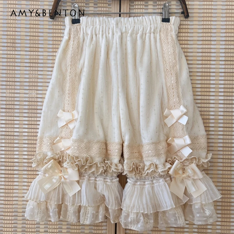 Sweet Lolita Pumpkin Bloomers,Japanese‑Style Bow Decor Lace Hollow‑Out Coral‑Fleece Leggings for  Party Cosplay Under‑Dress Wear