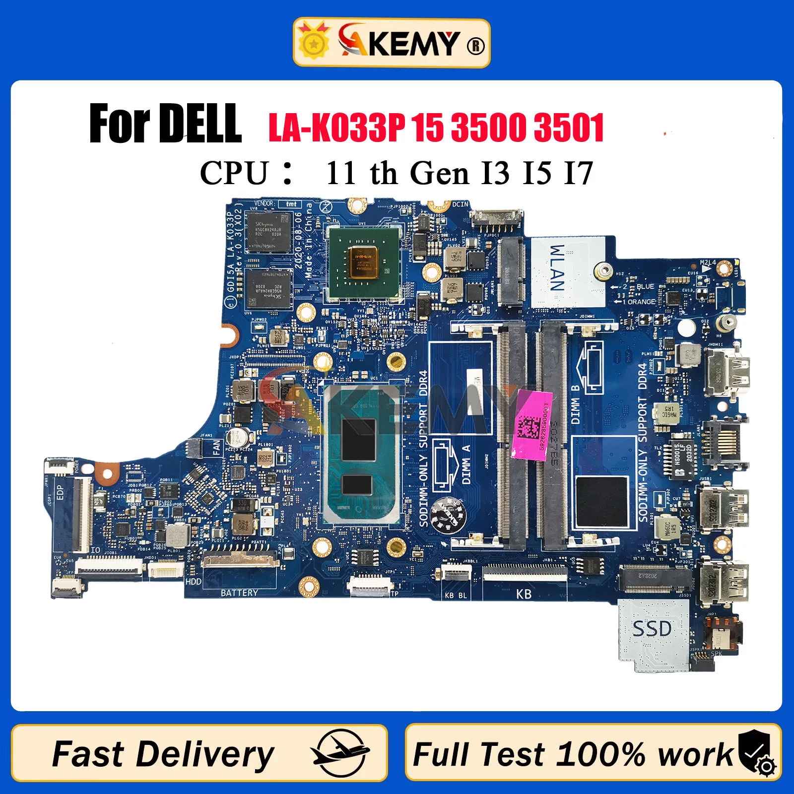 

GD15A LA-K033P for Dell Inspiron 3500 3501 Vostro 3400 Laptop Motherboard with i3 i5 i7 CPU GPU MX330 2G DDR4 100% Tested OK