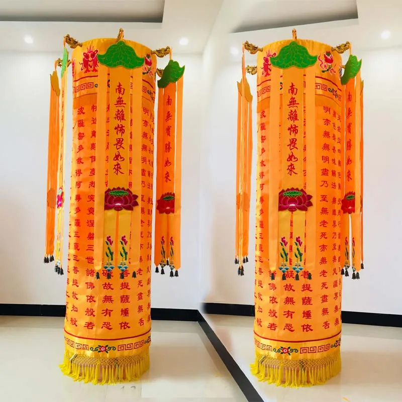 200CM large A pair 2P Wholesale Buddhist supply HOME Temple Altar golden Hanging Buddha flag banner Buddhist scripture pillar
