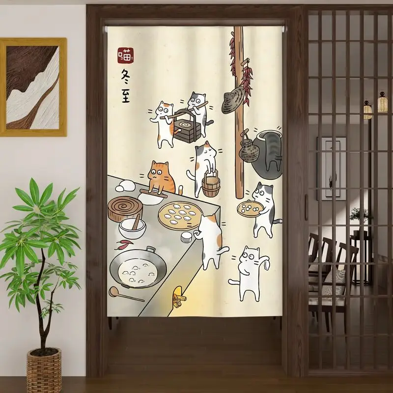 VIKAMA Cute Cat Noren Door Curtain Cat Making Dumplings Print Half Curtain Room Divider Kitchen Bedroom Restaurant Home Decor