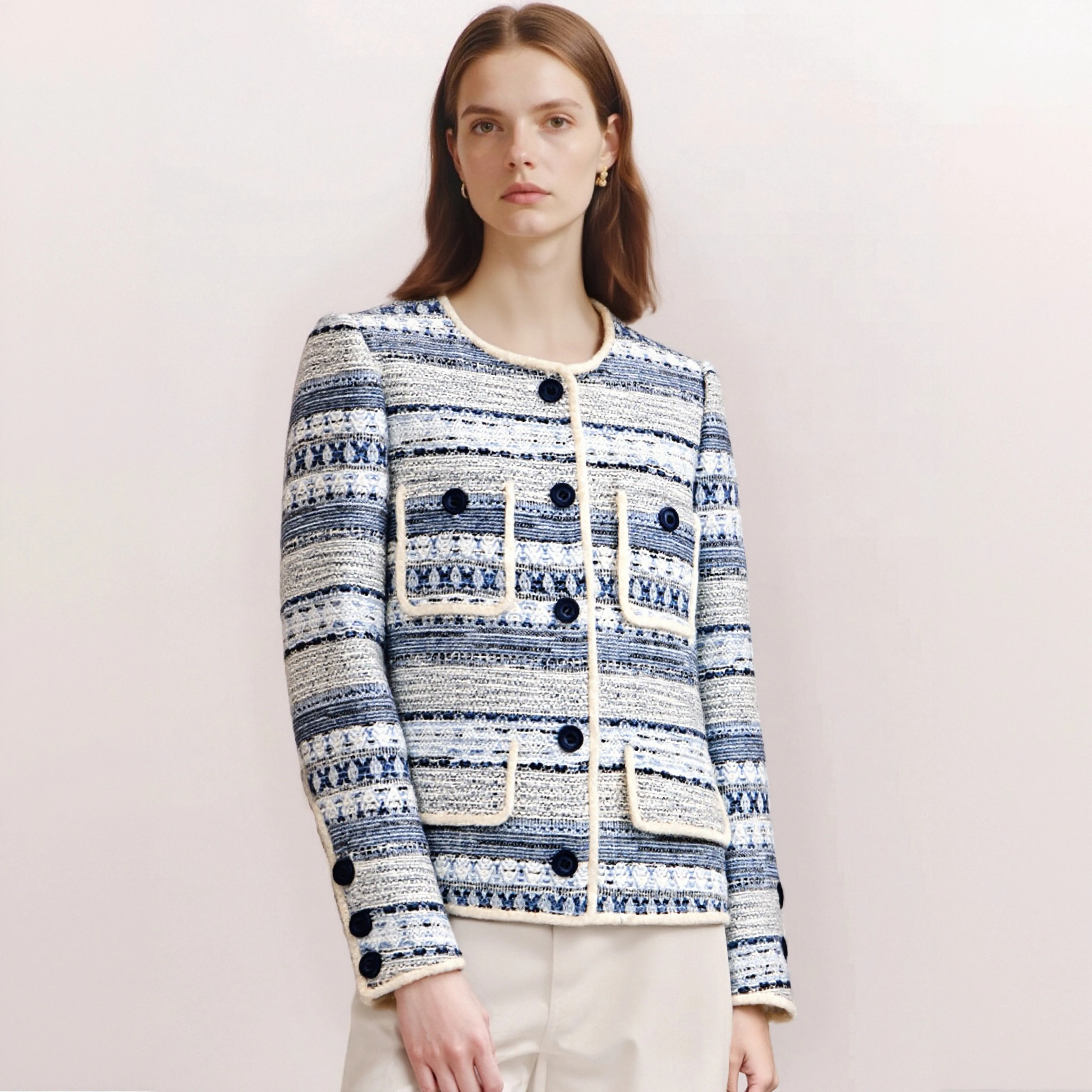 

Fashionable and elegant temperament woven striped linen small fragrant style jacket whole piece paired long sleeved top