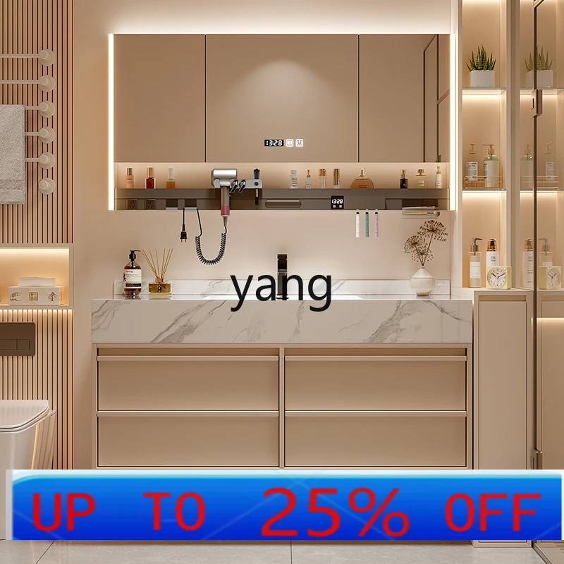 

Lhh modern cream wind bathroom cabinet combination rock slab ceramic seamless integrated basin