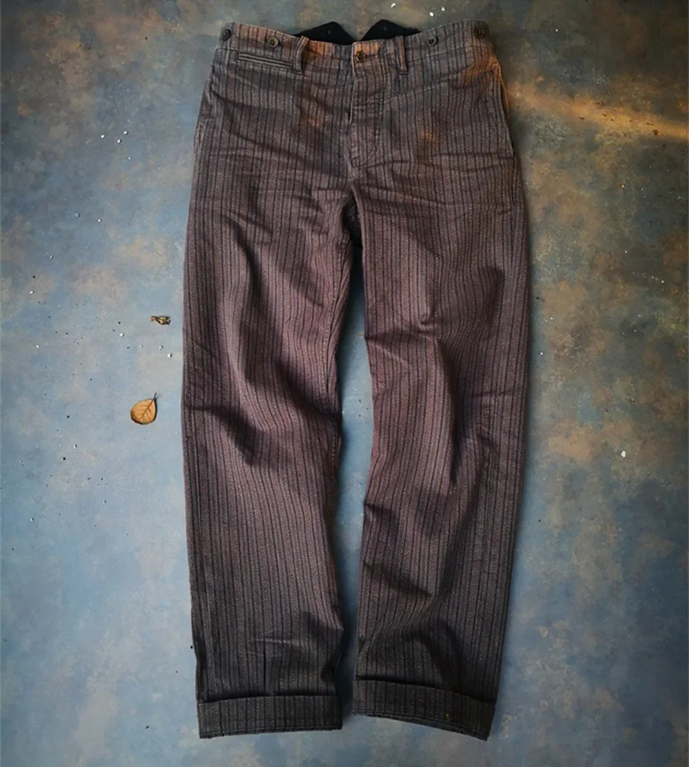 Men's Striped Tweed Pants Salt Pepper High Waist French Vintage Style Workwear