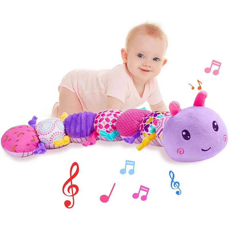 Brinquedo de pelúcia caterpillar musical para bebês com rugas e chocalhos, brinquedo de aprendizagem sensorial para bebês de 0 + meses, recém-nascidos, meninos e meninas