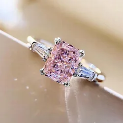 Square Pink Cubic Zirconia Wedding 925 Sterling Silver Rings for Women Romantic Bridal Marriage Party Rings Fashion Jewelry