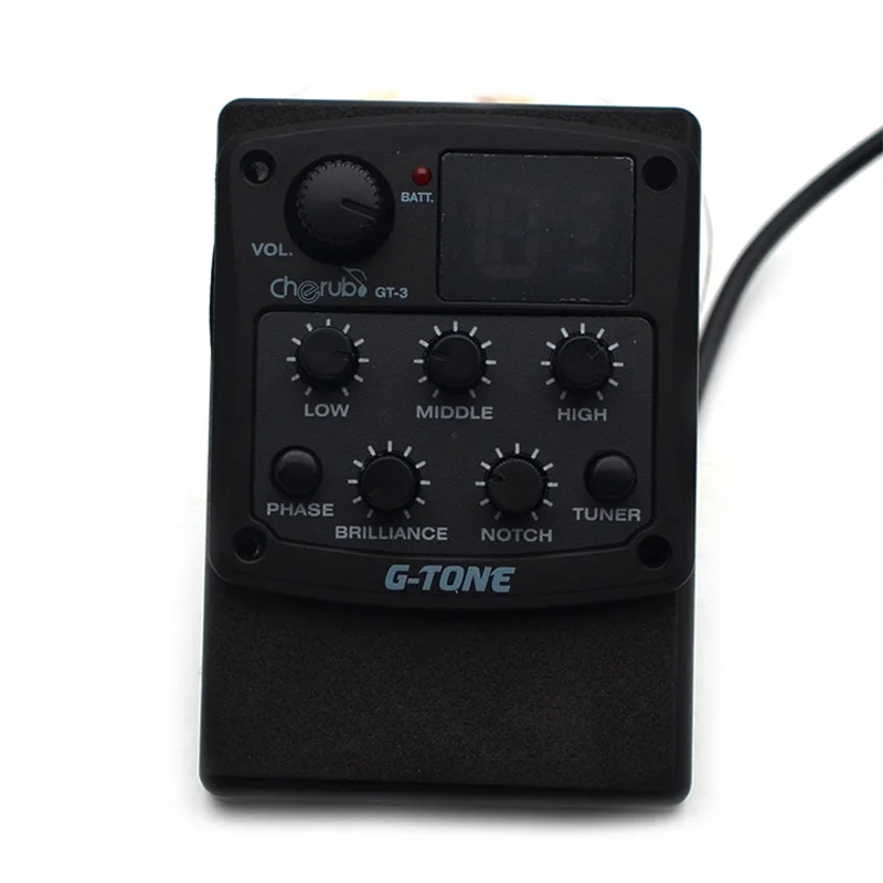 Cherub G-Tone Series Acoustic Guitar Preamp GT-2/GT-3/GT-4 Piezo Pickup 3-Band EQ Equalizer LED Tuner Black