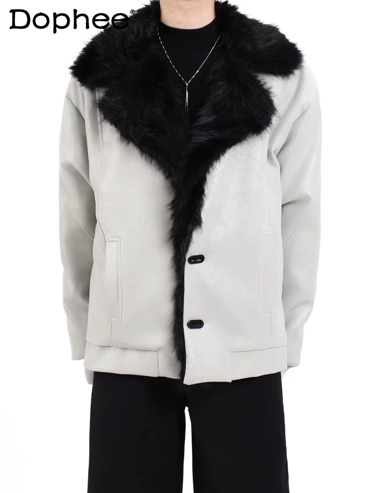 

Men's Faux Fur Collar Jackets Men's 2025 Winter New High-end Fur Faux Leather Jackets Handsome Warm Loose Faux Leather Coats