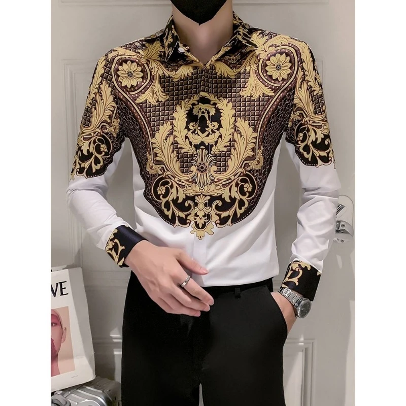 

Spring Autumn New Fashion Turn-down Collar Long Sleeve Printing Blouse Men's Clothing European Style Button Trend Slim Shirts