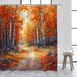 Autumn Forest Shower Curtains Red Maple Trees Falling Leaves Road Fall Landscape Fabric Home Bathroom Curtain Decor With Hooks