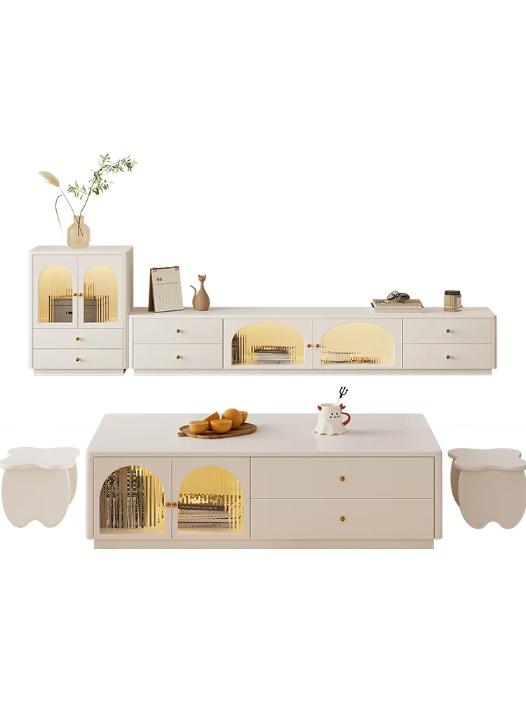 

French Cream Breeze Tea Table TV Cabinet Combination Square White Tea Table Floor Cabinet Modern