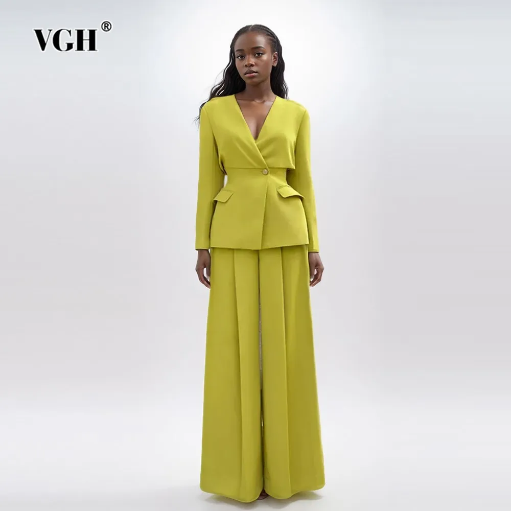 VGH Solid Two Piece Set For Women V Neck Long Sleeve Patchwork Button Blazers High Waist Wide Leg Pants Slimming Sets Female New