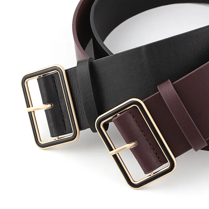 Popular Fashion Big Square Buckle Women Wide Belt Elegant Decoration With Down Jacket Trench Coat Jeans PU Leather
