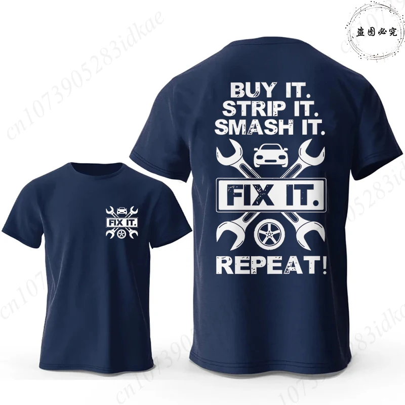 Funny Car Enthusiast T-Shirt Fix It Repeat Wrench Graphic Tees Men's Summer Short Sleeve O Neck Tops Male Oversized Streetwear