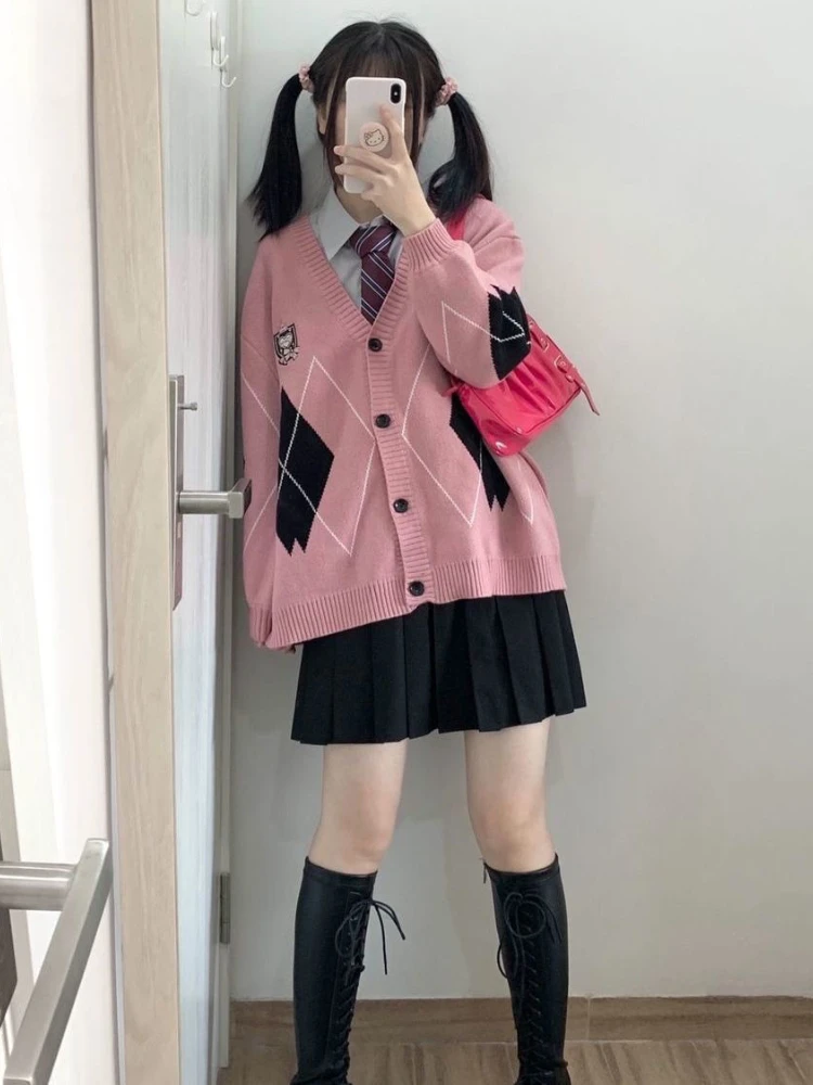 Deeptown Preppy Style Knitted Cardigan Women Japanese Sweet Argyle Jacquard Sweater All-match V-neck Long Sleeve JK Coat Top Y2K