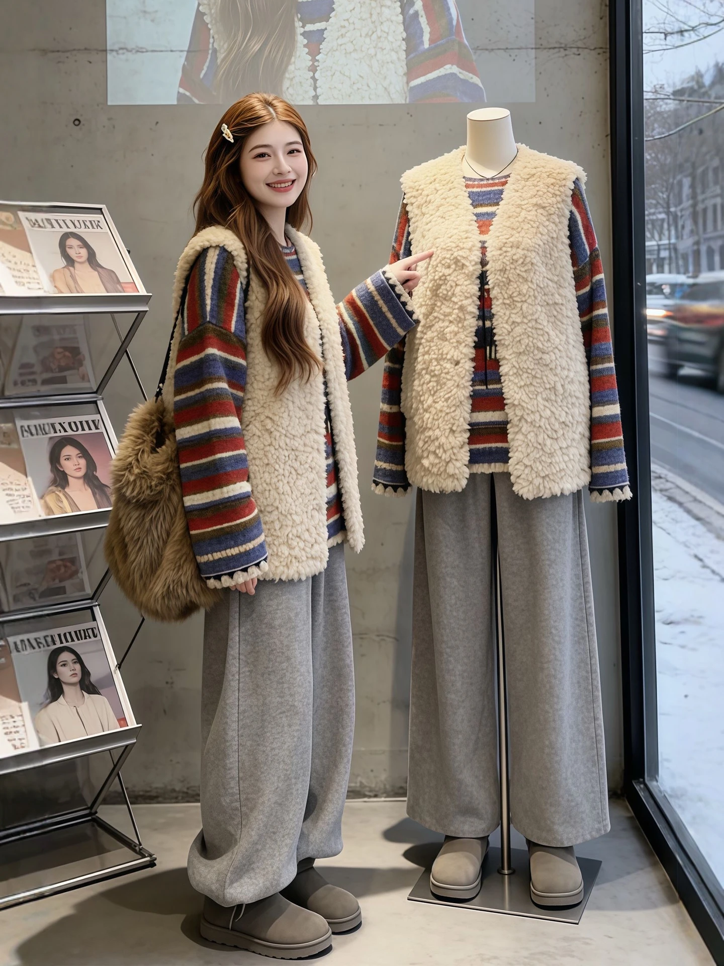 

Winter Warm Lamb Fur Vest Knitted Sweater Casual Pants Tee Piece Set plus Size Women's Faion Comfortable Breathable Clothing