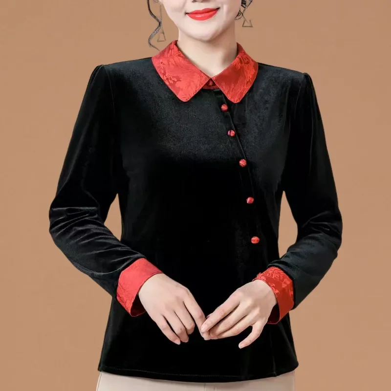

Elegant Women Blouse With Red Peter Pan Collar And Cuff Splicing In Chinese Style For Spring And Autumn Wear