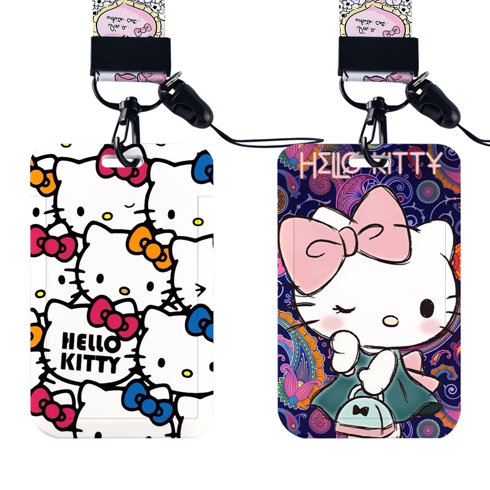 W Sanrio funda de tarjeta de Hello Kitty, figura Kawaii, Melody Kuromi, insignia de Cosplay, soporte para tarjetas bancarias de identificación, correas para el cuello, cordón