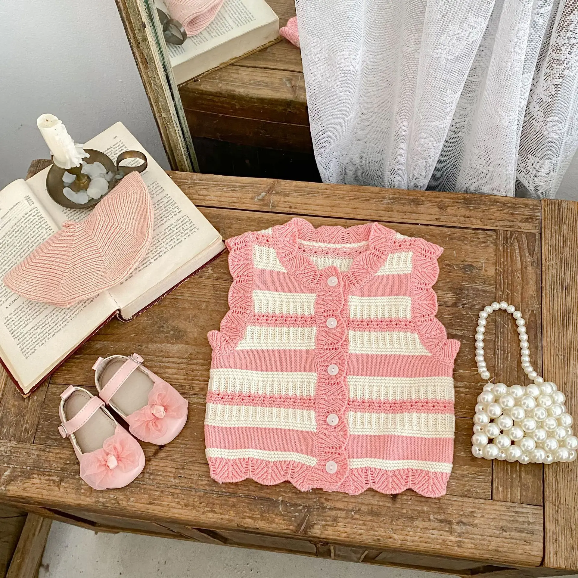 

2025 Spring Fall Infant Knit Vest Girls Cotton Striped Open Front Vest Baby Soft Comfortable Sleeveless Cardigan