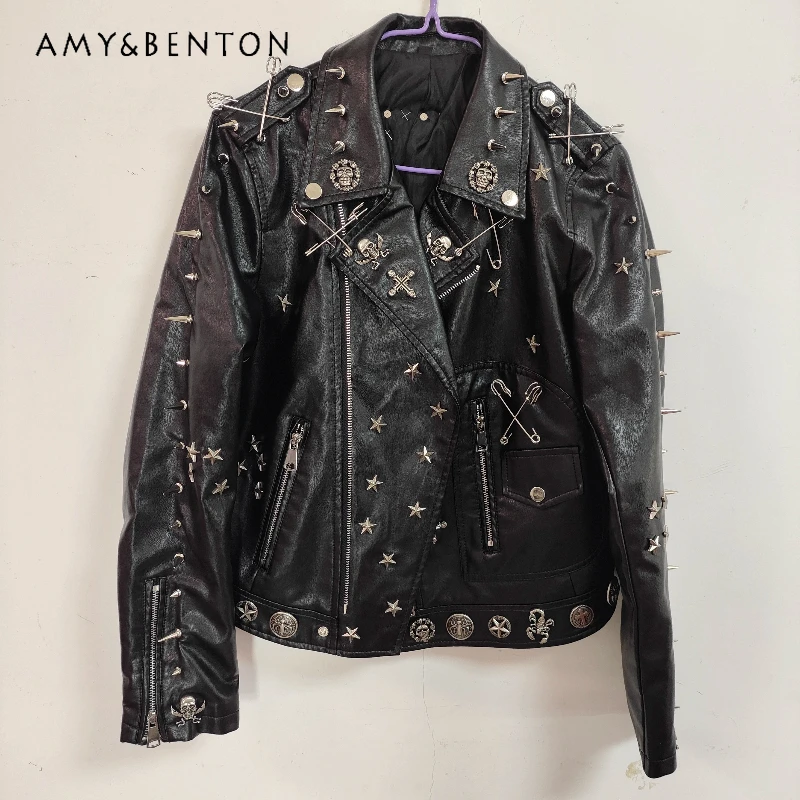 

Gothic Design Punk Dark Y2K Hot Girl Women's Coat Autumn New Black Street Locomotive Rivet Chain PU Leather Short Jacket Ladies