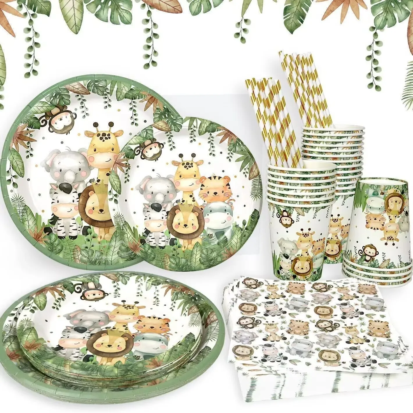 Vaisselle jetable d'anniversaire dans la Jungle, assiettes en papier sauvages, gobelets, serviettes, nappe, décorations de fête à thème animaux de la Jungle Safari