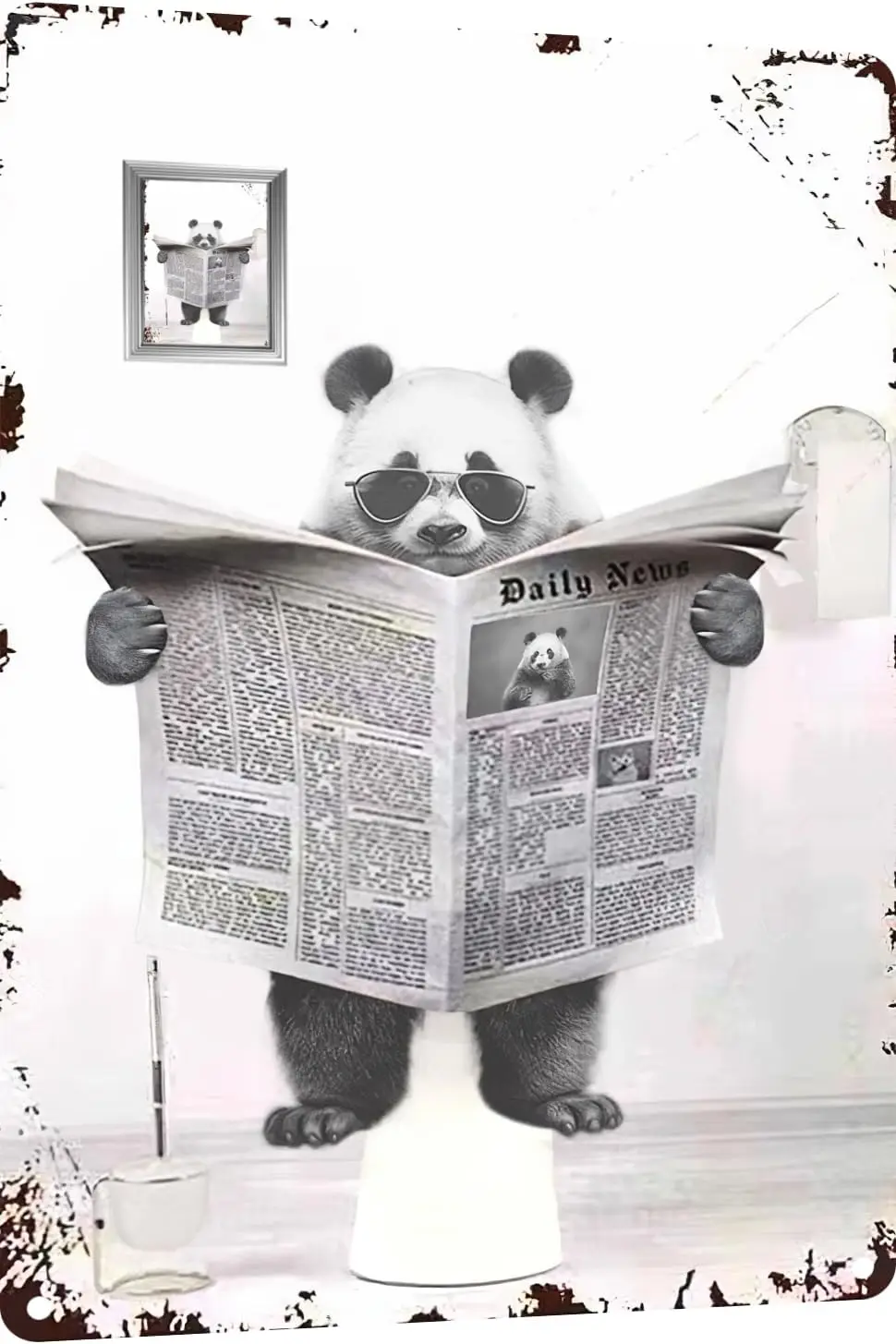 Metal Tin Sign Vintage Panda Toilet Reading Newspaper Humour Funny Animal Whimsy Animal for Home, Bathroom and Toilet Wall Decor