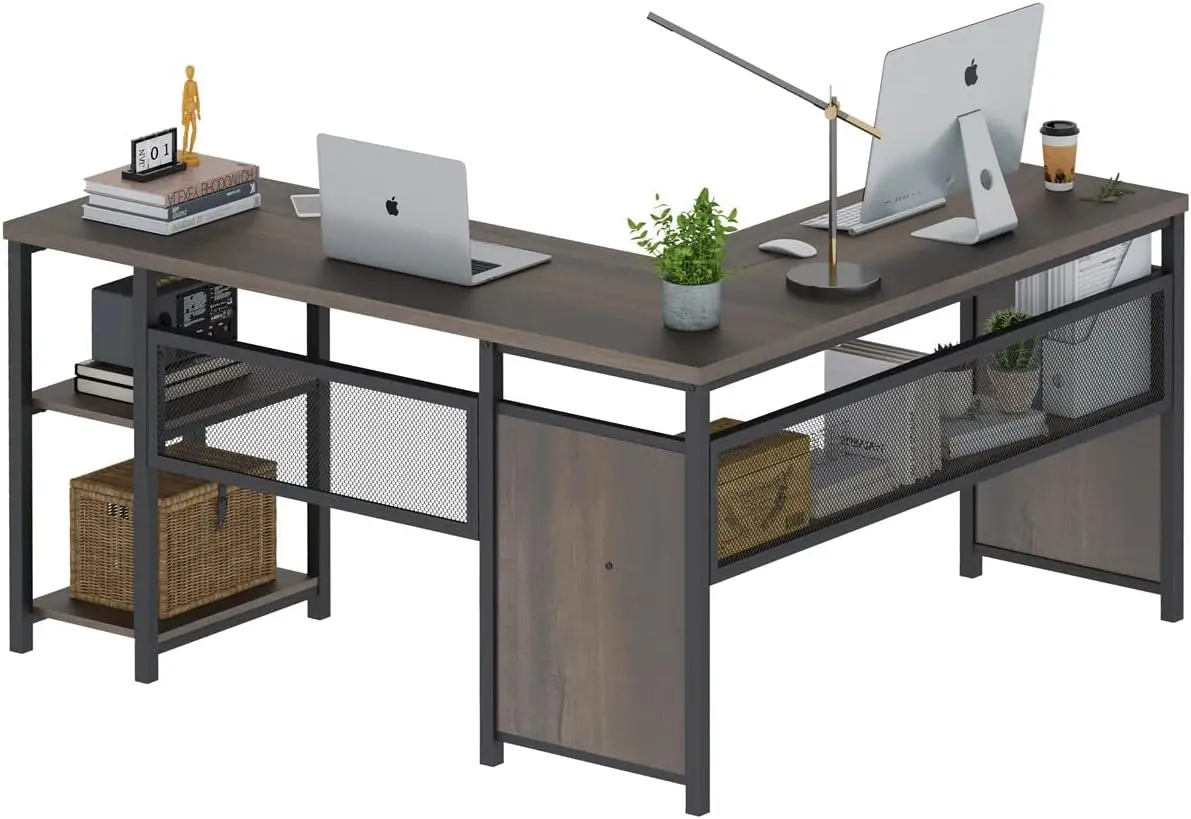 

L-shaped computer desk, Industrial home desk with shelf, reversible wood and metal corner table (walnut brown, 59 ")