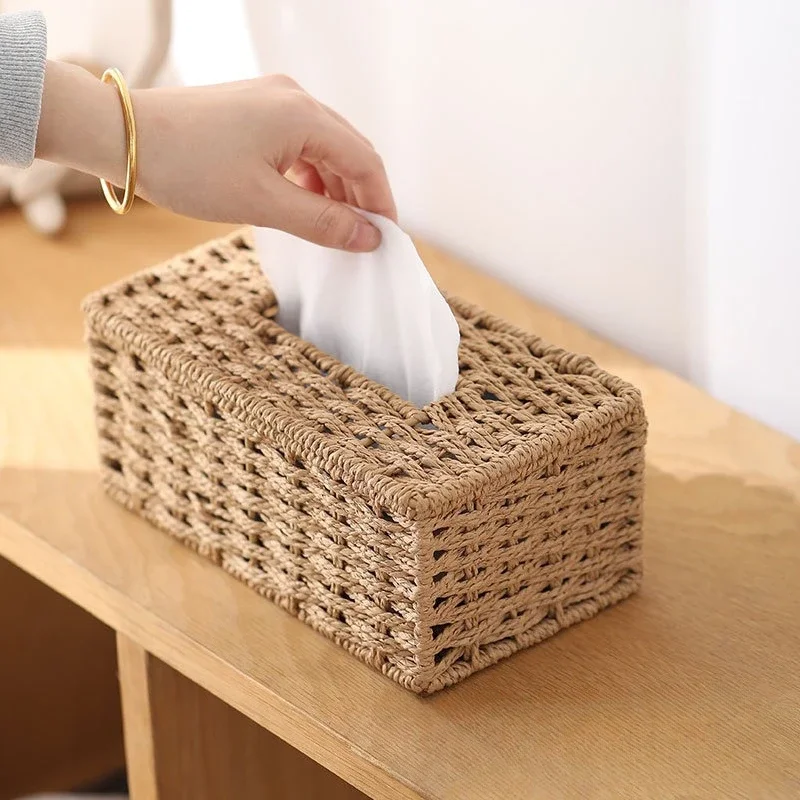 

New Woven Tissue Box Imitation Rattan Woven Grass Tissue Storage Box Luxury Tissue Paper Holder Home Living RoomTable Decoration