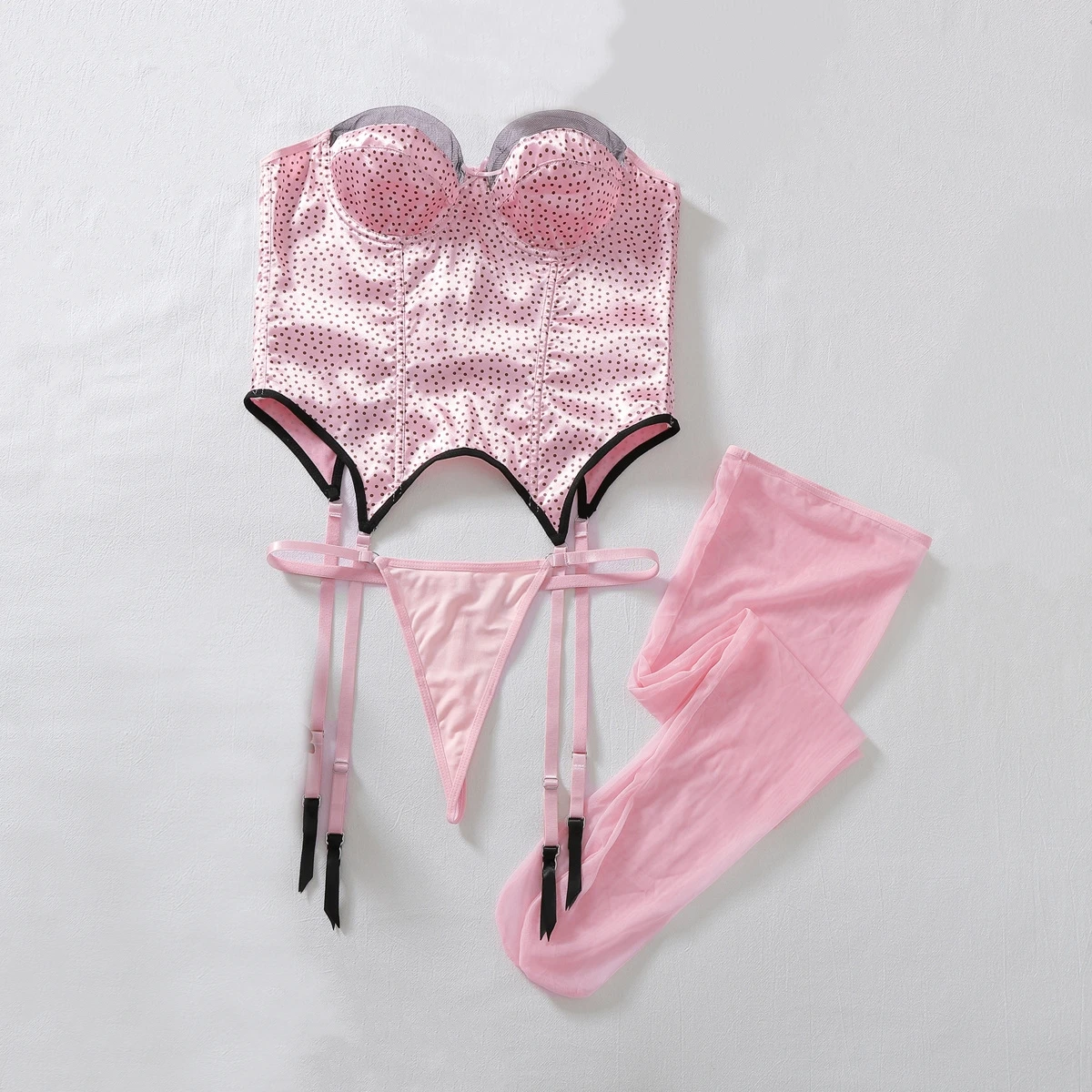 Pink Polka Dot Satin Lingerie Set Women's Strapless Corset Bodysuit Garter Thong Stockings Sexy Intimate Underwear Lingerie Set