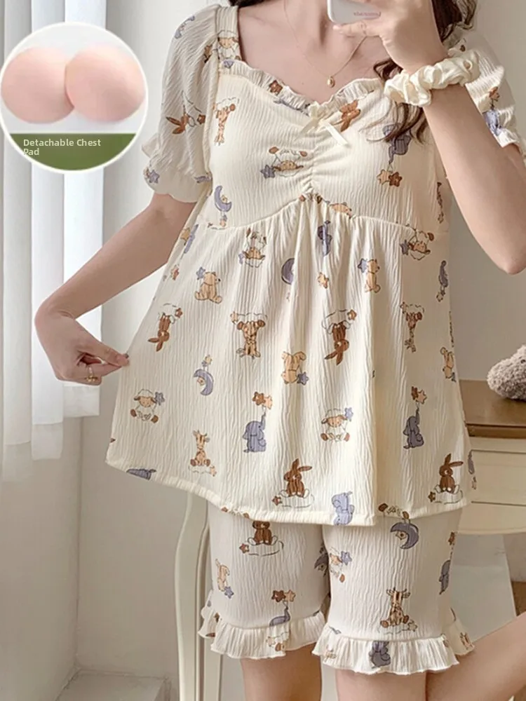 Summer New Women's Sleepwear Set Pure Cotton Short Sleeve with Chest Pad Loose Fit Sweet Princess Style Home Clothes 2 Pieces