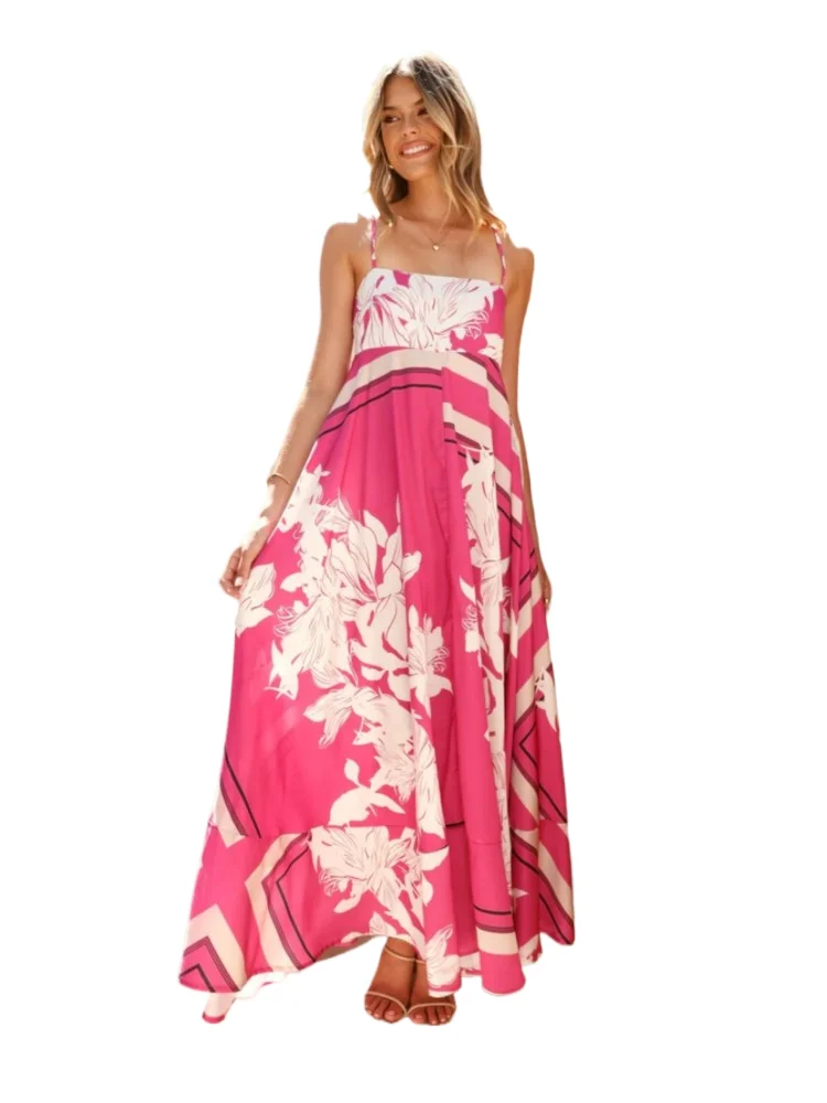 

Sexy Spaghetti Strap Dress For Women Fashion Floral Print Slash Neck Loose Dresses Lady Casual Holiday Beach Party Skirt Clothes
