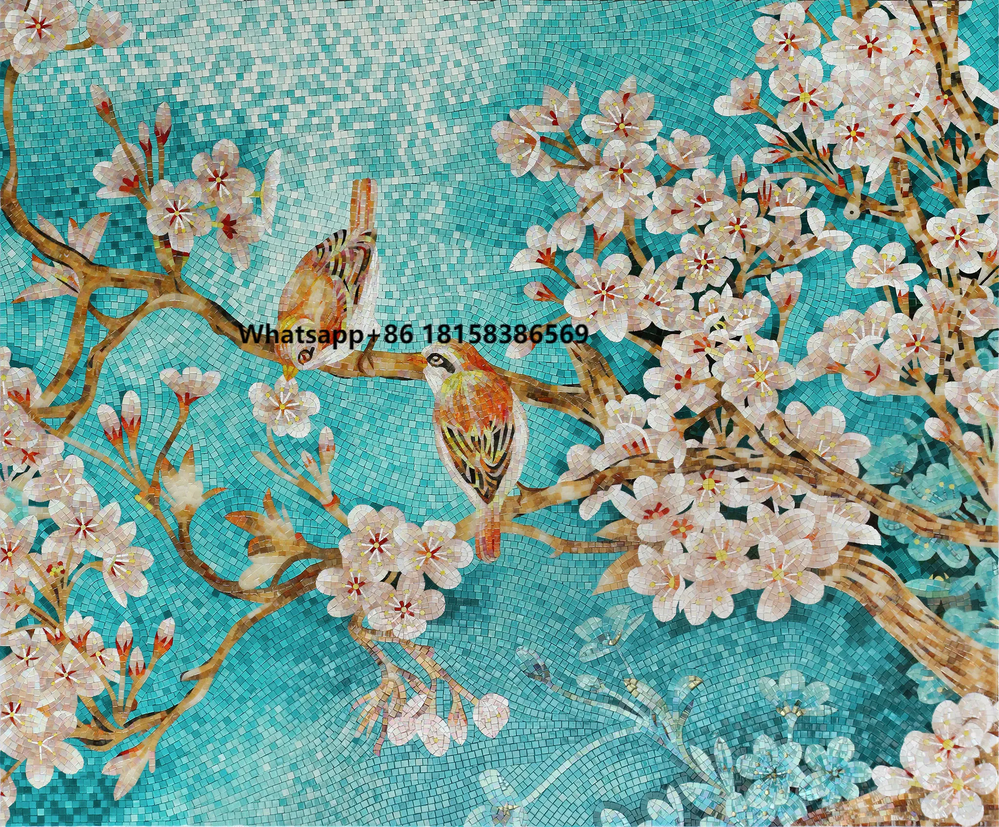 

Blue and Green Landscape Painting with Flowers and Birds in a Mosaic Style by Glass Mosaics Mosaic Painting
