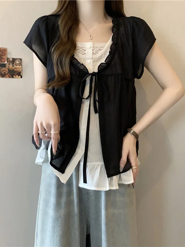 

Женская летняя блузка больших размеров с V-образным вырезом, плиссированная, из шифона, с коротким рукавом, имитация двухслойности, стройнящая, скрывающая недостатки фигуры