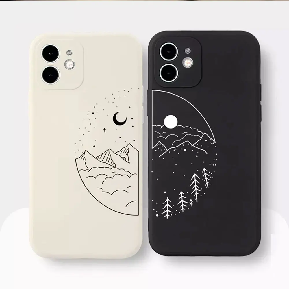 Couple Cartoon Aesth Sun Moon Phone Case for IPhone 15 14 13 12 11 Pro Max X XR 7 8 14Plus SE20 Silicone Shockproof Cover Fundas