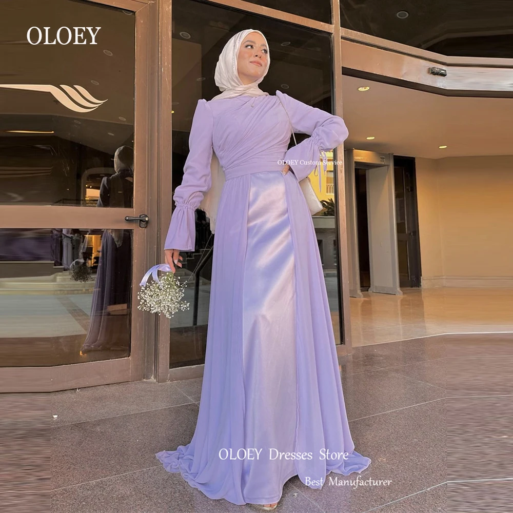 Oloey-イスラム教徒の女性のためのシフォンドレス,長袖,ラウンドネック,エレガント