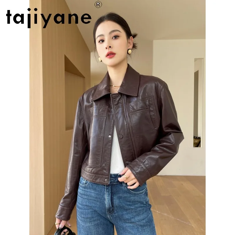 TAJIYANE 100% Sheepskin Genuine Leather Jacket Women Waxed Leather Coat Lapel Cropped Jackets for Woman Biker Outerwear 자켓 2026