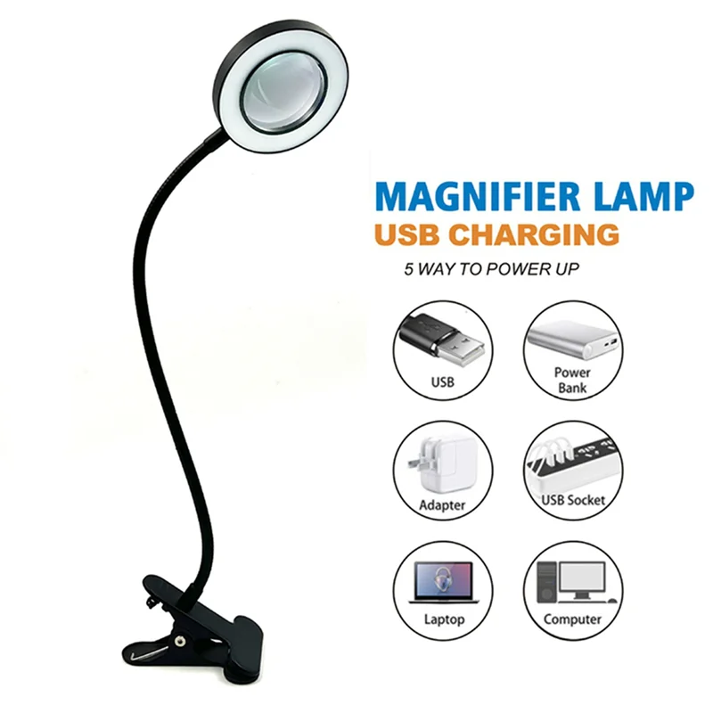 

A7THK-48 LED Desk Lamp Clip With 5X Magnifying Glass Light 360° Adjustable 3 Modes LED Desk Light For Bed Desk Work Crafts-2PC