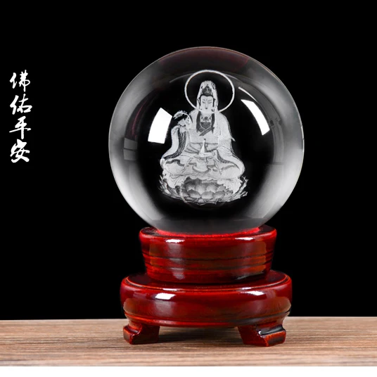 

Gift HOME Spiritual protection Bless family # carving Lotus Guanyin Buddha Figurine 3D Crystal sculpture statue --