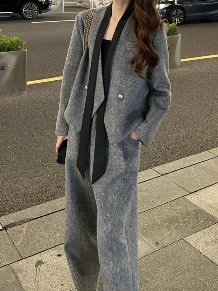 LANMREM Fashion Set Women\'s Autumn And Winter Irregular V-neck Woolen Coat Casual Straight Wide Leg Pants Two-piece Sets 2DB1411