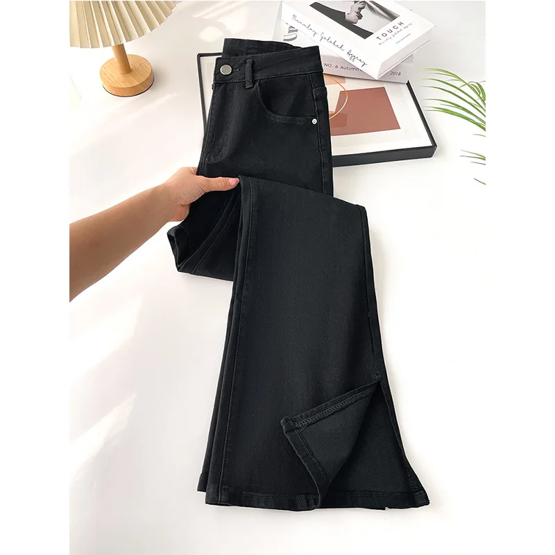 

Black slit micro-cropped jeans female spring and autumn high waist slimming stretch niche horseshoe bell bottoms