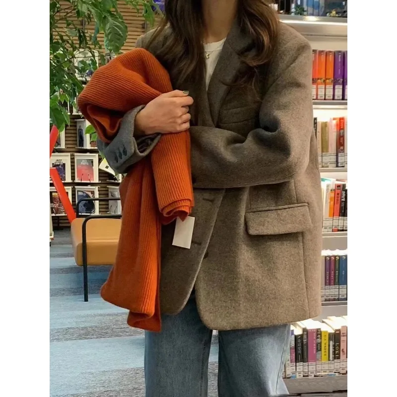 British Style Fashion Loose Slimming Women's Suit Jacket 2025 Autumn Winter Elegant Casual Woolen Coat Office Lady Blazer Women