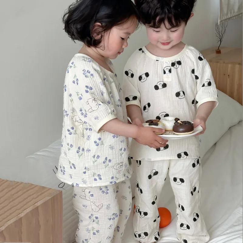 Summer Kids Homesuits Girls\' Korean Style Cute Soft Bamboo Fiber Cotton Yarn Pajamas Set Children Boy\'s Set Children Clothing