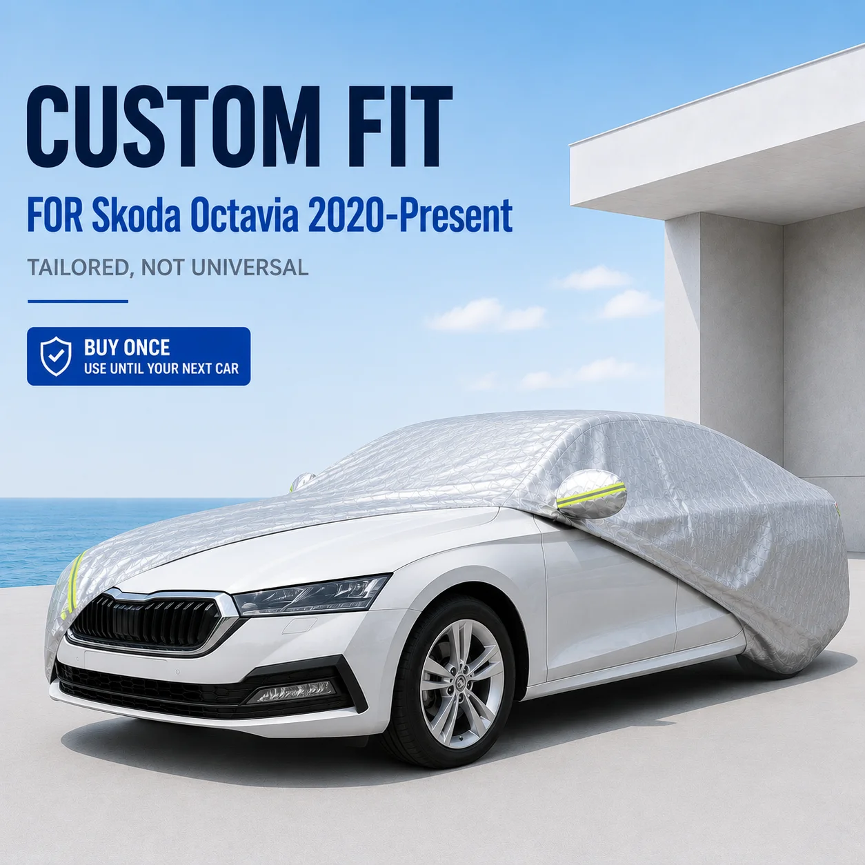 For Skoda Octavia 2020-Present Custom Fit Full Car Cover Silver Coated Fabric Side Zipper Access UV Sun Dust Protection